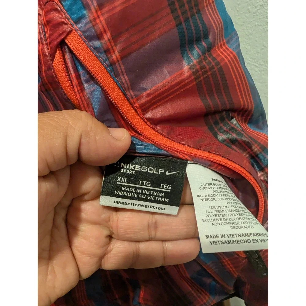Nike Reversible Puffer Vest Mens Burnt Orange Quilted Plaid Full Zip‎ 0354